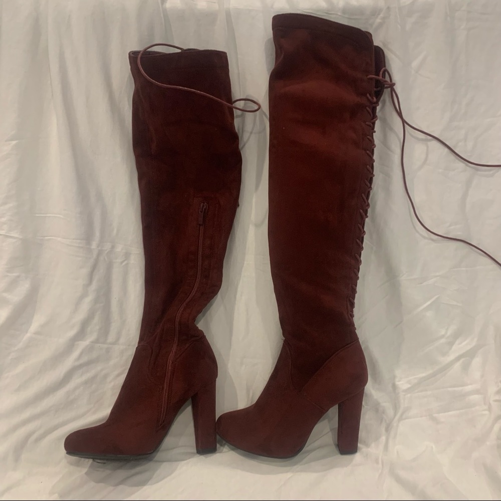 Maroon red lace back boots